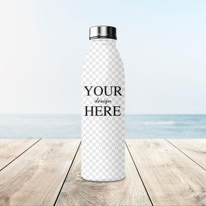Personalized water bottle featuring a customizable design template, perfect for hot and cold drinks, with a beach background