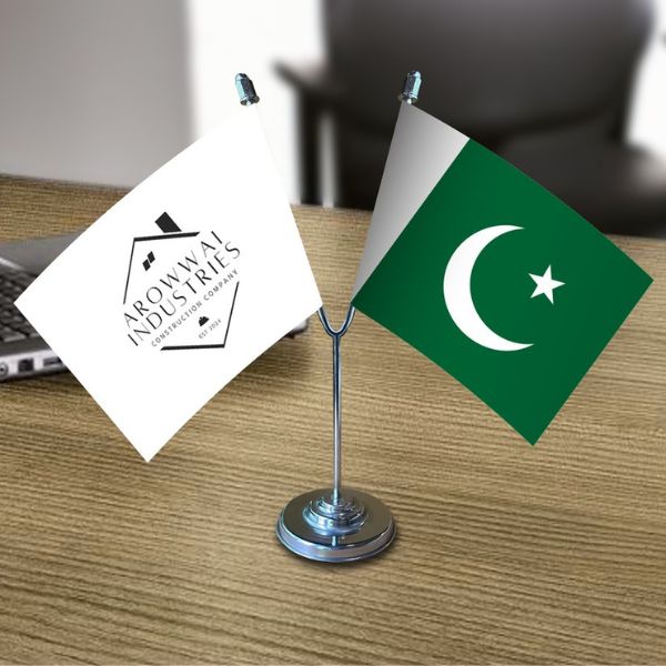 Double Flag Stand for Office with Aroway Industries and Pakistan flags, elegant desk decor from Gift Studio Pakistan