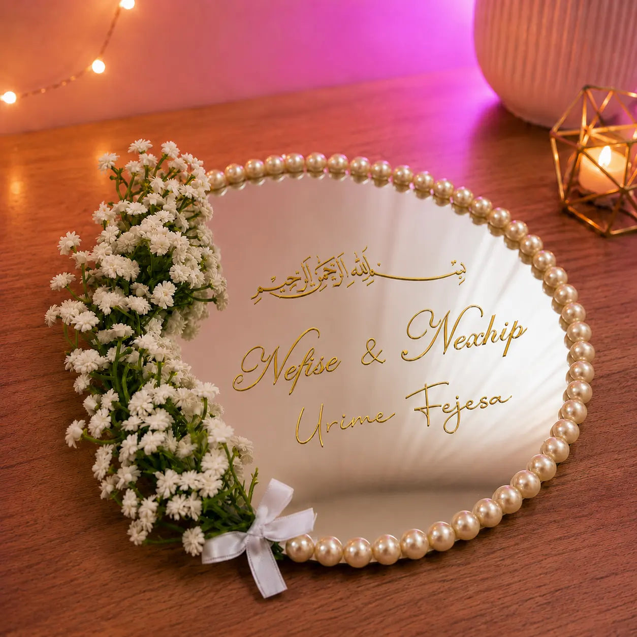 Baby's breath ring tray front view - romantic Nikkah gift