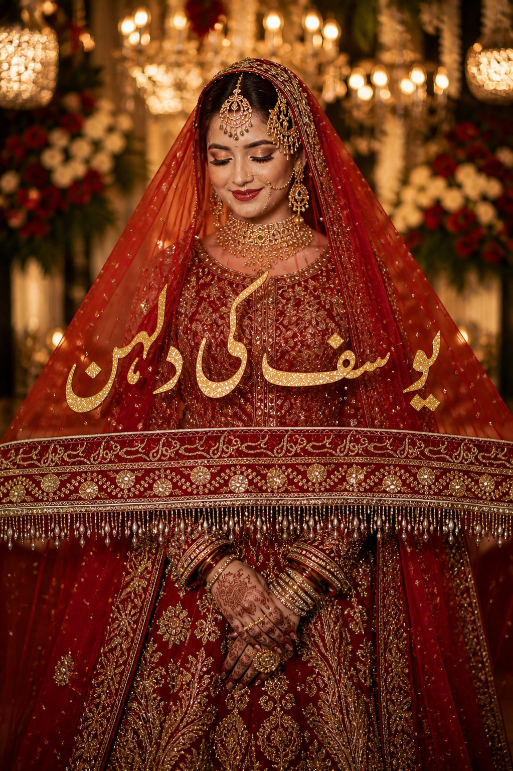 Customized Nikkah Dupatta with Name – White Nikkah Dress with Red Dupatta | Bridal Dupatta Style & Setting