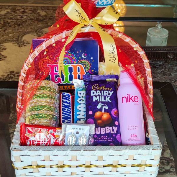  Eid Gift Basket with choori set, chocolates, and "Happy Eid" tag in wooden crate