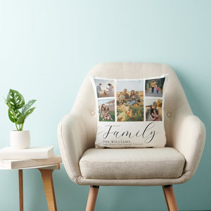 Family Photo Collage Throw Pillow on Beige Chair with Plant and Books