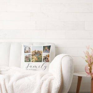 Family Photo Collage Throw Pillow on White Couch with Blanket and Pink Vase