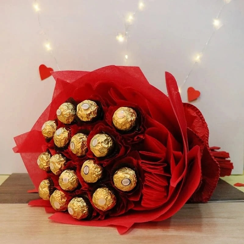 Elegant Ferrero Rocher bouquet with red wrapping, perfect for romantic and celebratory moments