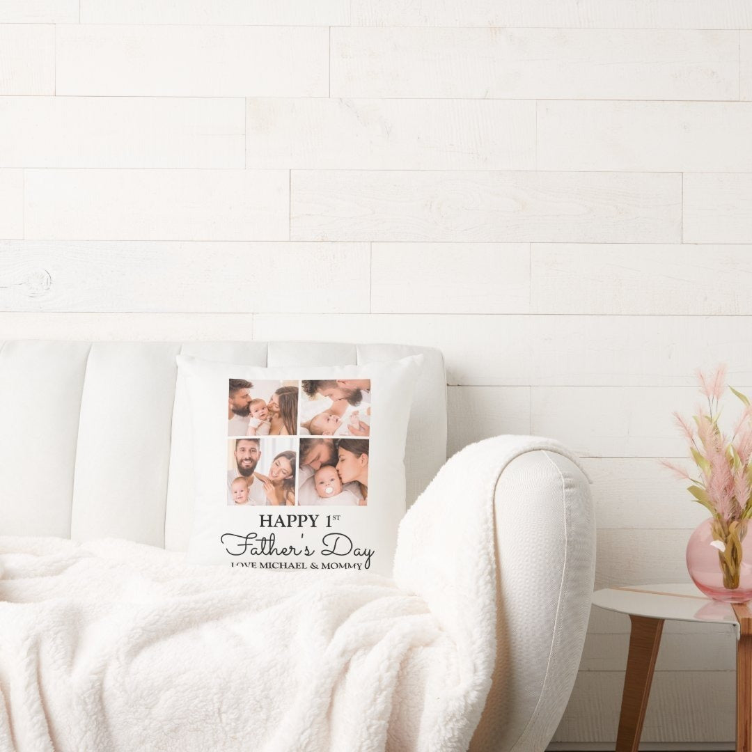Personalized First Father's Day 6 Photo Collage Throw Pillow with family photos on a white couch