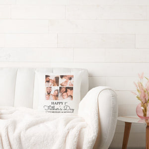 Personalized First Father's Day 6 Photo Collage Throw Pillow with family photos on a white couch