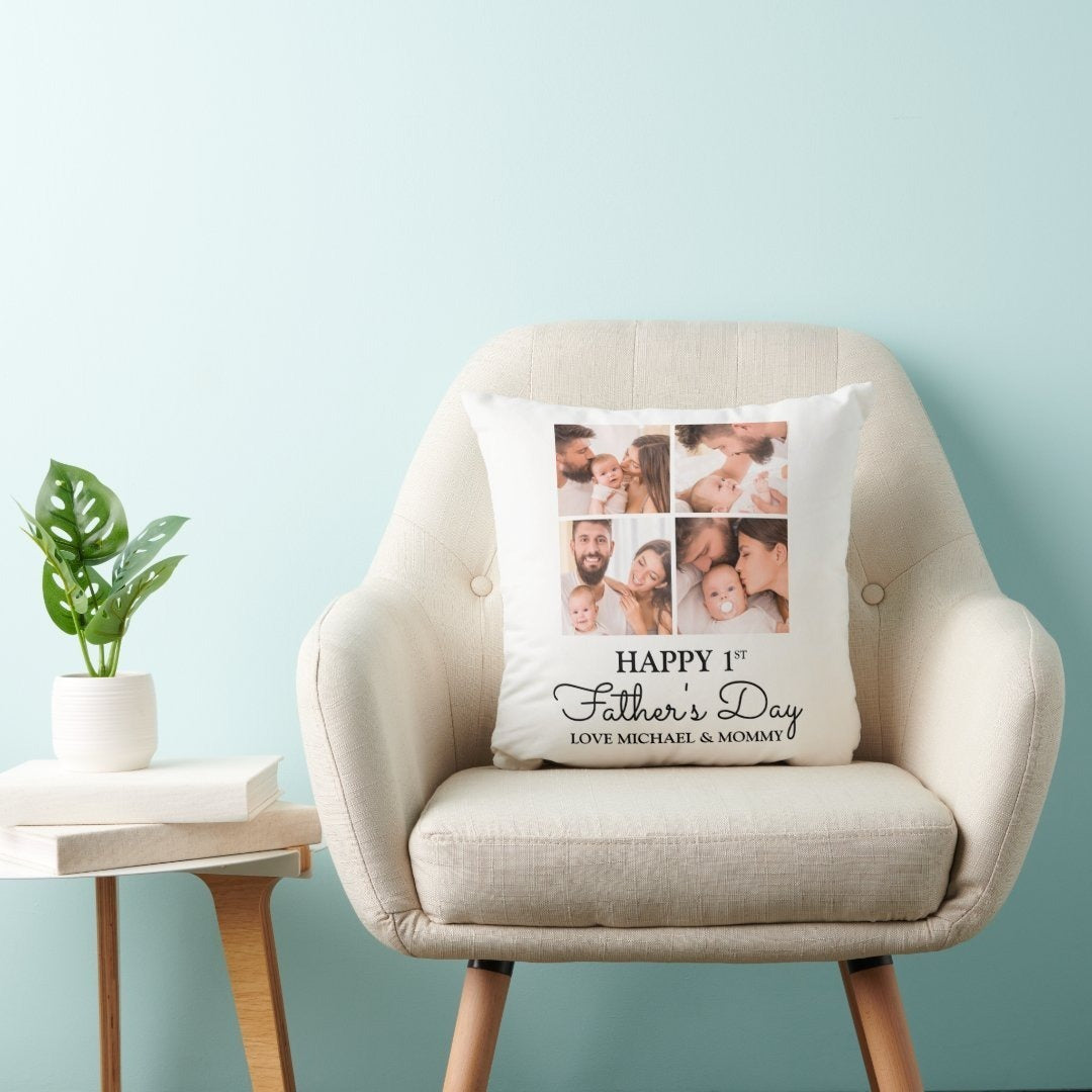 First Father's Day 6 Photo Collage Throw Pillow on a beige chair with plant decor
