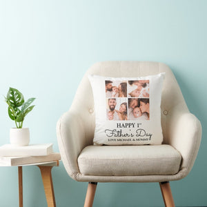 First Father's Day 6 Photo Collage Throw Pillow on a beige chair with plant decor