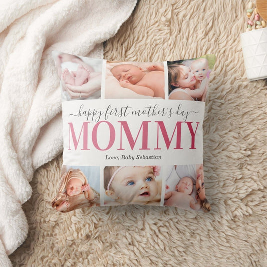 First Mother's Day Picture Collage Throw Pillow with customizable photos and 'MOMENT' text on 