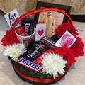  Floral Chocolate Basket with Dairy Milk, Snickers, flowers, and photo frame