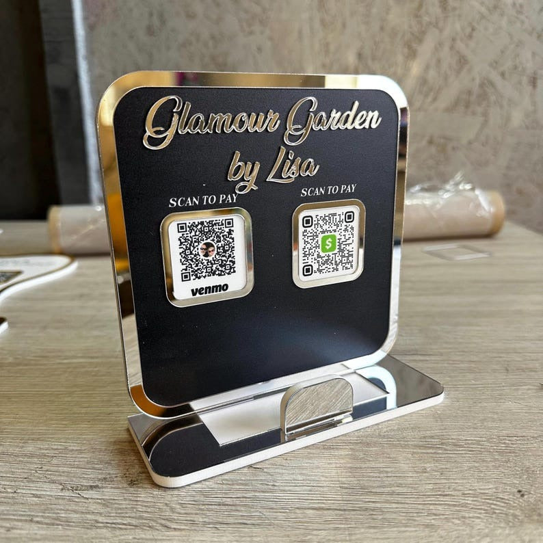 Black and gold QR payment sign for Glamour Garden, featuring Venmo and Cash App payment options.