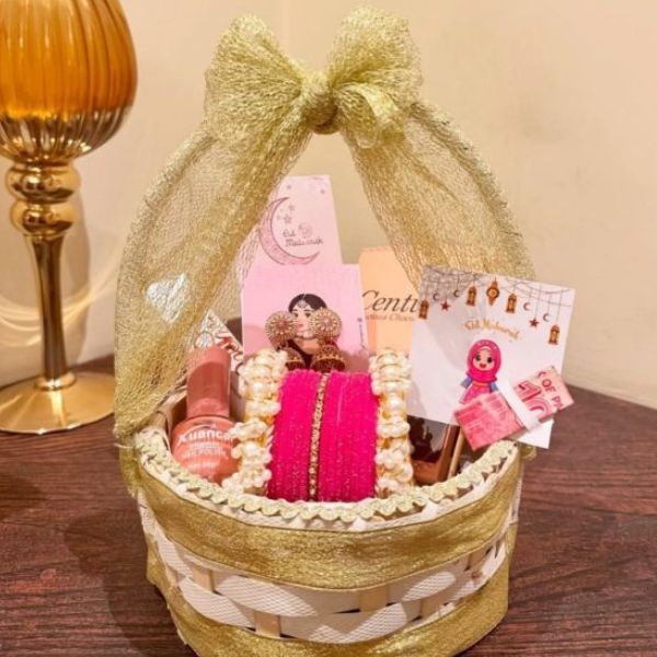 Golden Eid Basket with choori set, Centra perfume, and Eid Mubarak card