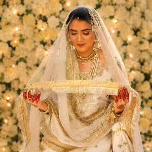 Golden nikkah dupatta with kiran lace border - ivory bridal dupatta Pakistan