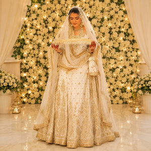 Golden nikkah dupatta close-up showing kiran lace embroidery detail