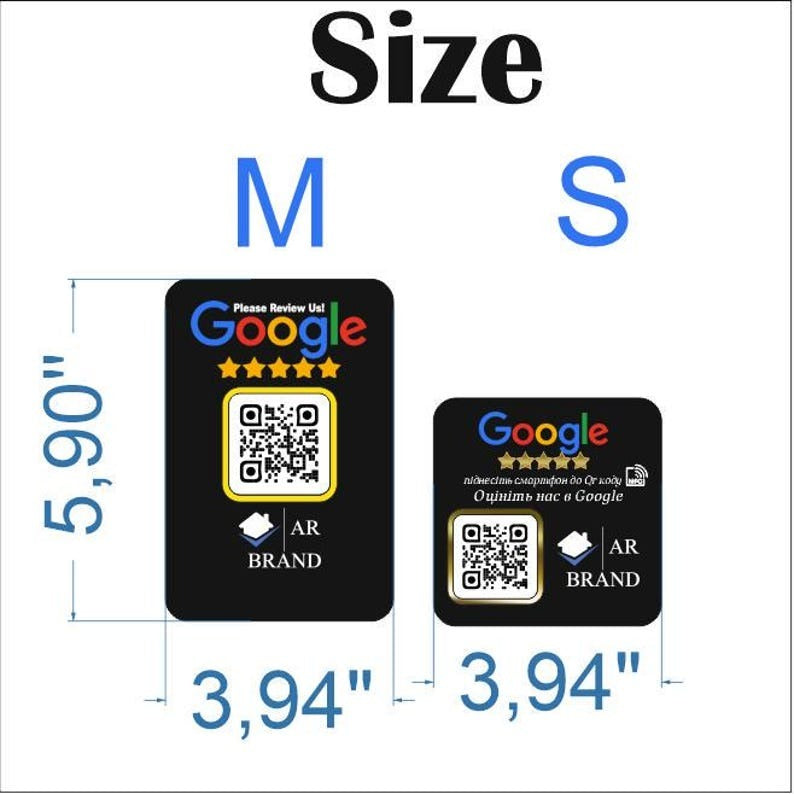  Google review QR code sign size comparison chart, showcasing small and medium versions of the review stand.