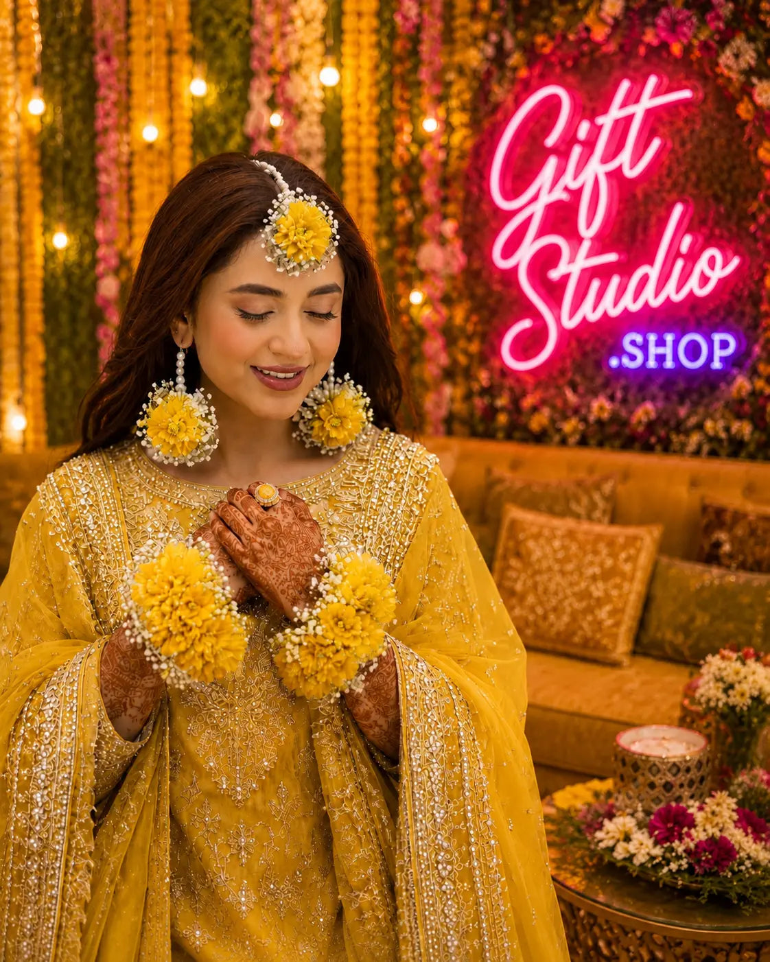 Haldi Flower Jewellery Set Yellow Genda Floral Bridal Jewelry - Gift Studio Pakistan photo 2