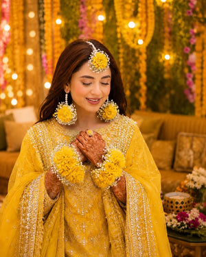 Haldi Flower Jewellery Set Yellow Genda Floral Bridal Jewelry - Gift Studio Pakistan photo 4