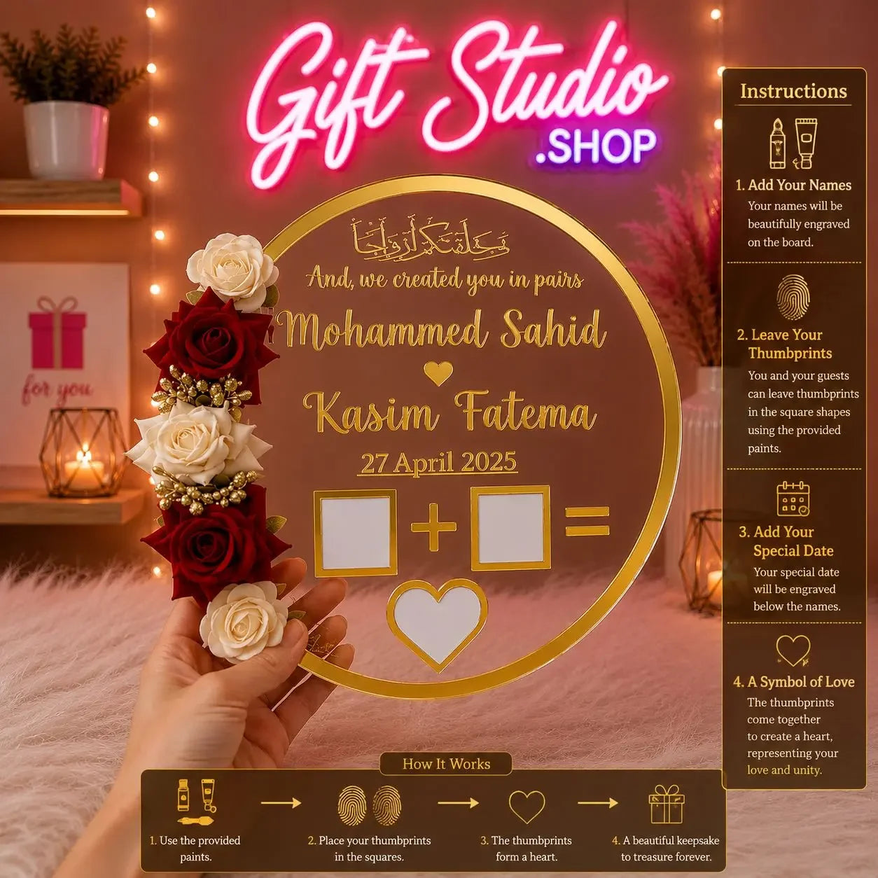 Heart Shaped Nikah Thumb Acrylic Board Personalized Islamic Wedding Keepsake - Gift Studio Pakistan photo 2