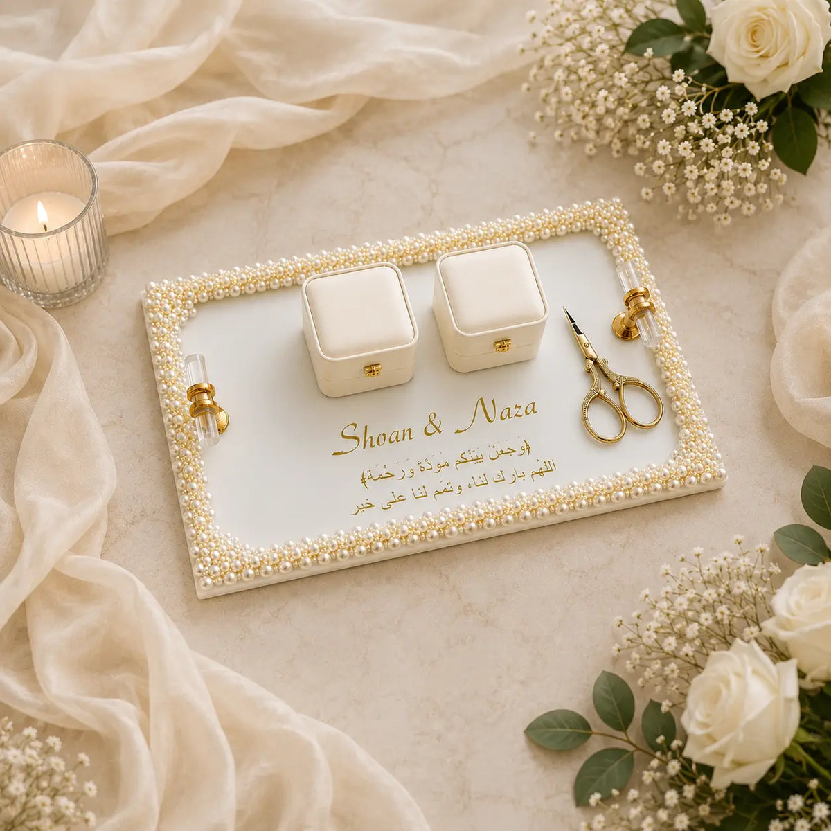 Luxury Pearl Ring Tray for Nikkah & Engagement | Personalized Wedding Ring Holder