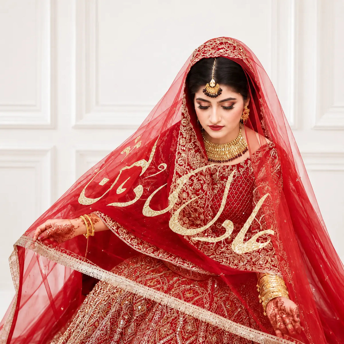 Customized Nikkah Dupatta with Name – White Nikkah Dress with Red Dupatta | Bridal Dupatta Style & Setting