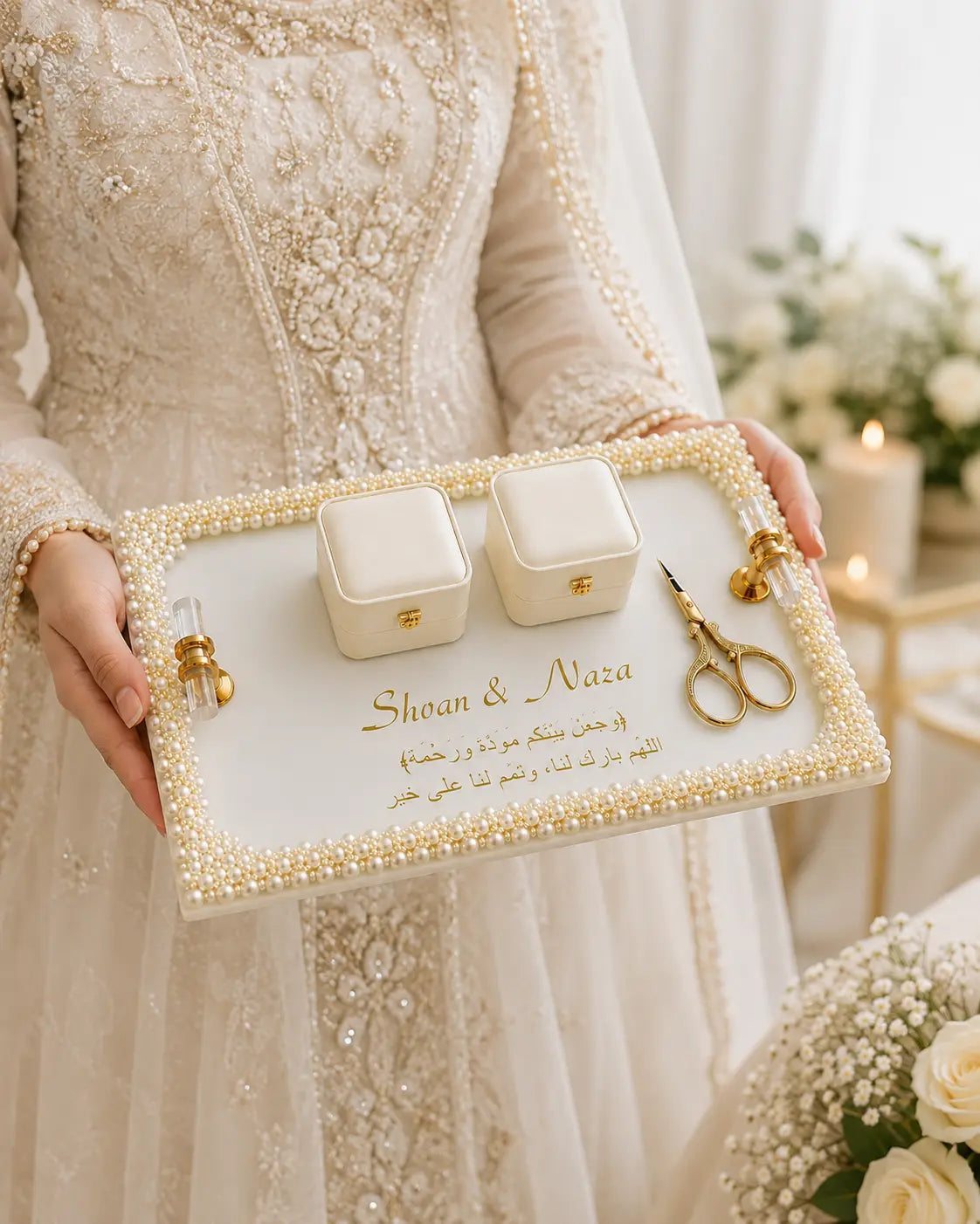 Luxury Pearl Ring Tray for Nikkah & Engagement | Personalized Wedding Ring Holder