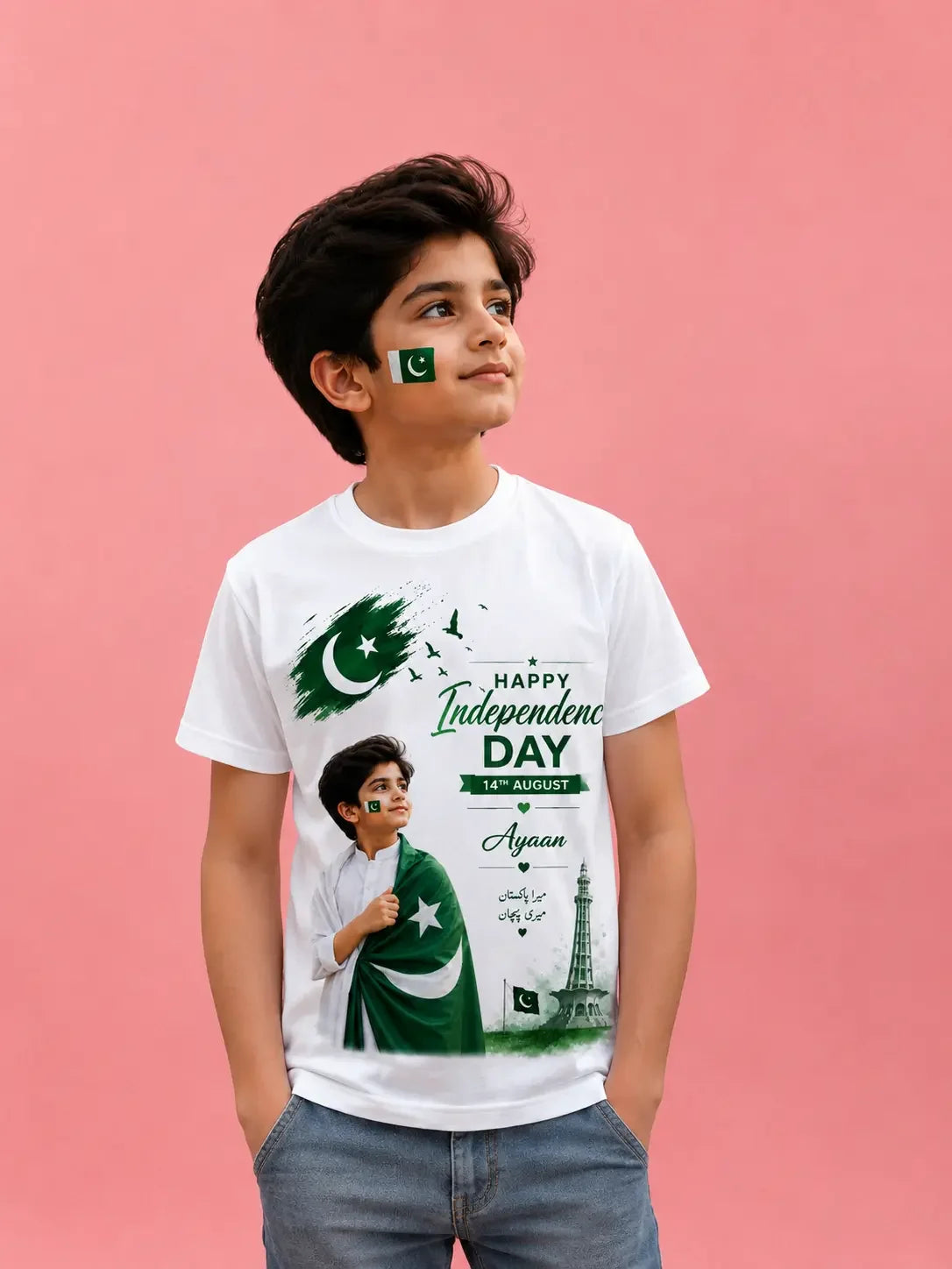 Customized 14 August white t-shirt Pakistan - azadi shirt Gift Studio Gujranwala