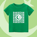  Green t-shirt with repeating Pakistan text and crescent-star design for 14 August