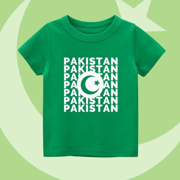  Green t-shirt with repeating Pakistan text and crescent-star design for 14 August