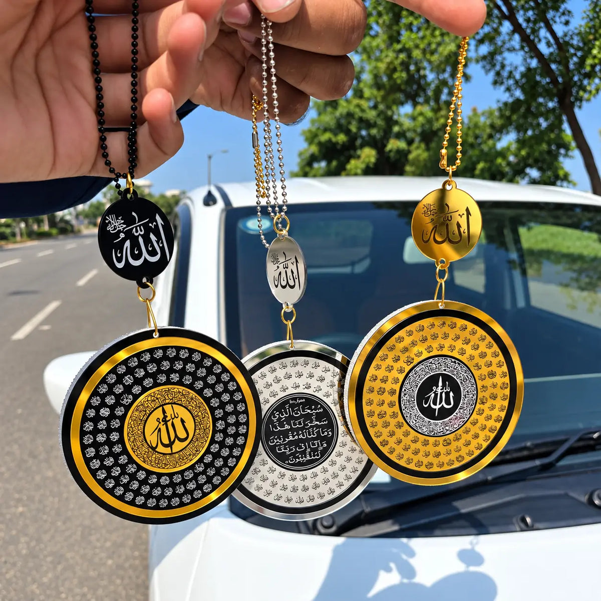 Islamic car hanging set in golden, silver and black colors