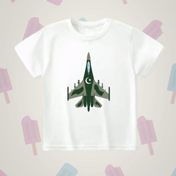 White kids t-shirt with JF-17 Thunder jet design for 14 August Independence Day