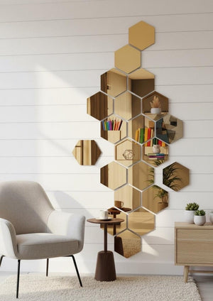 
Minimalist living room wall decor featuring white hexagon 3D wall panels, modern geometric wall art, neutral interior with cozy armchair and natural light.
