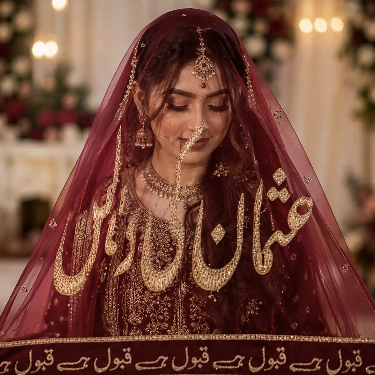 Maroon nikkah dupatta with custom name embroidery - bridal dupatta Pakistan