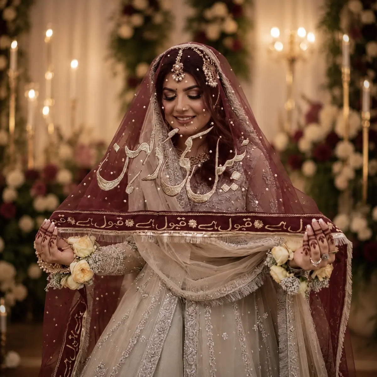Maroon bridal dupatta styled for Nikkah ceremony