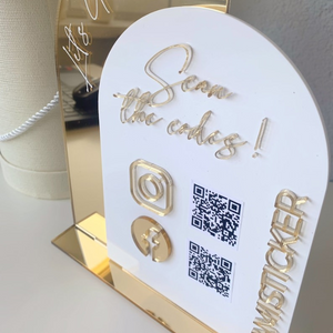 Stylish acrylic QR code sign with a gold mirror backing, offering a professional and modern way for businesses to connect with customers on social media.