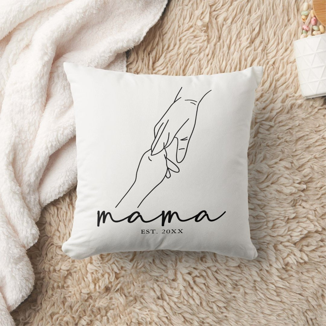 Modern Established Mama Throw Pillow with hand design and on customizable year on brown blanket