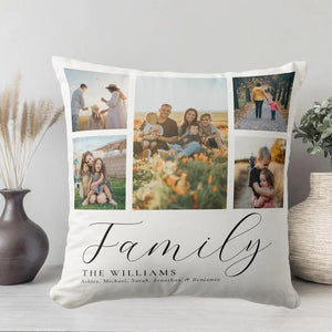 Modern Custom Photo Collage Elegant Script Family Throw Pillow with family photos and names