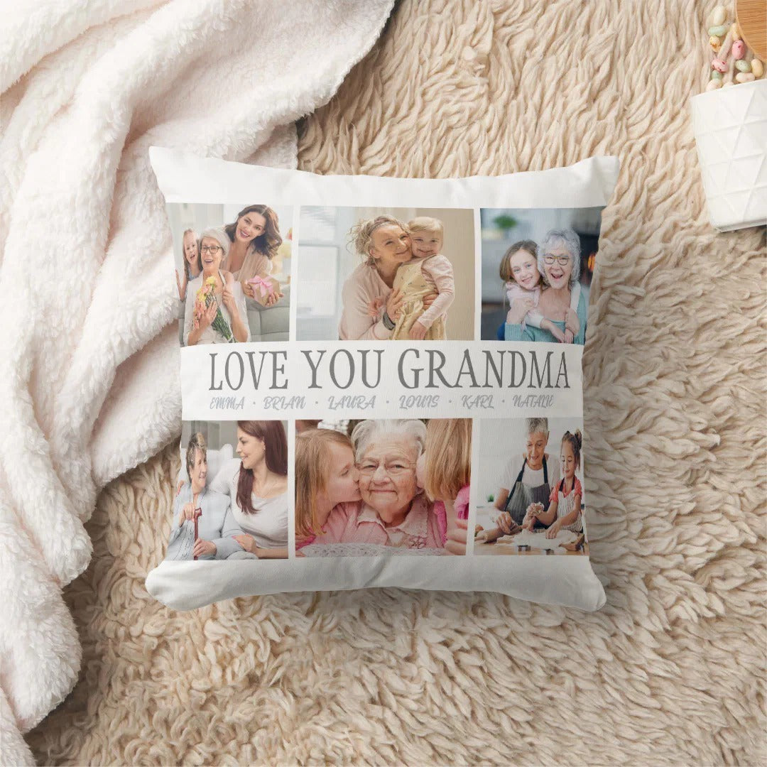 Modern Grandma Personalized Photo Collage Throw Pillow with custom photos and names