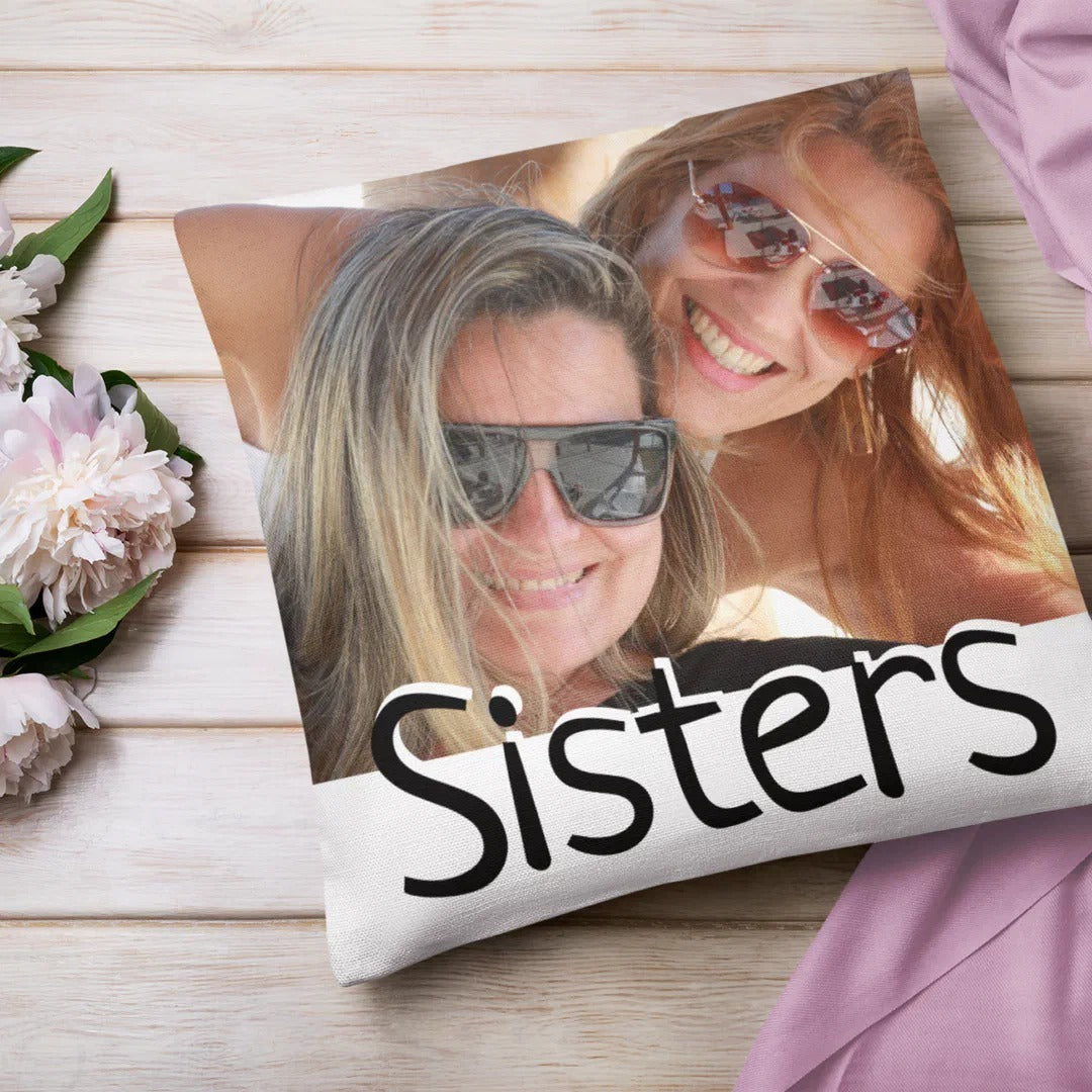  Modern Sister/s Photo & Quote Custom Color Throw Pillow with photo and text on wooden background