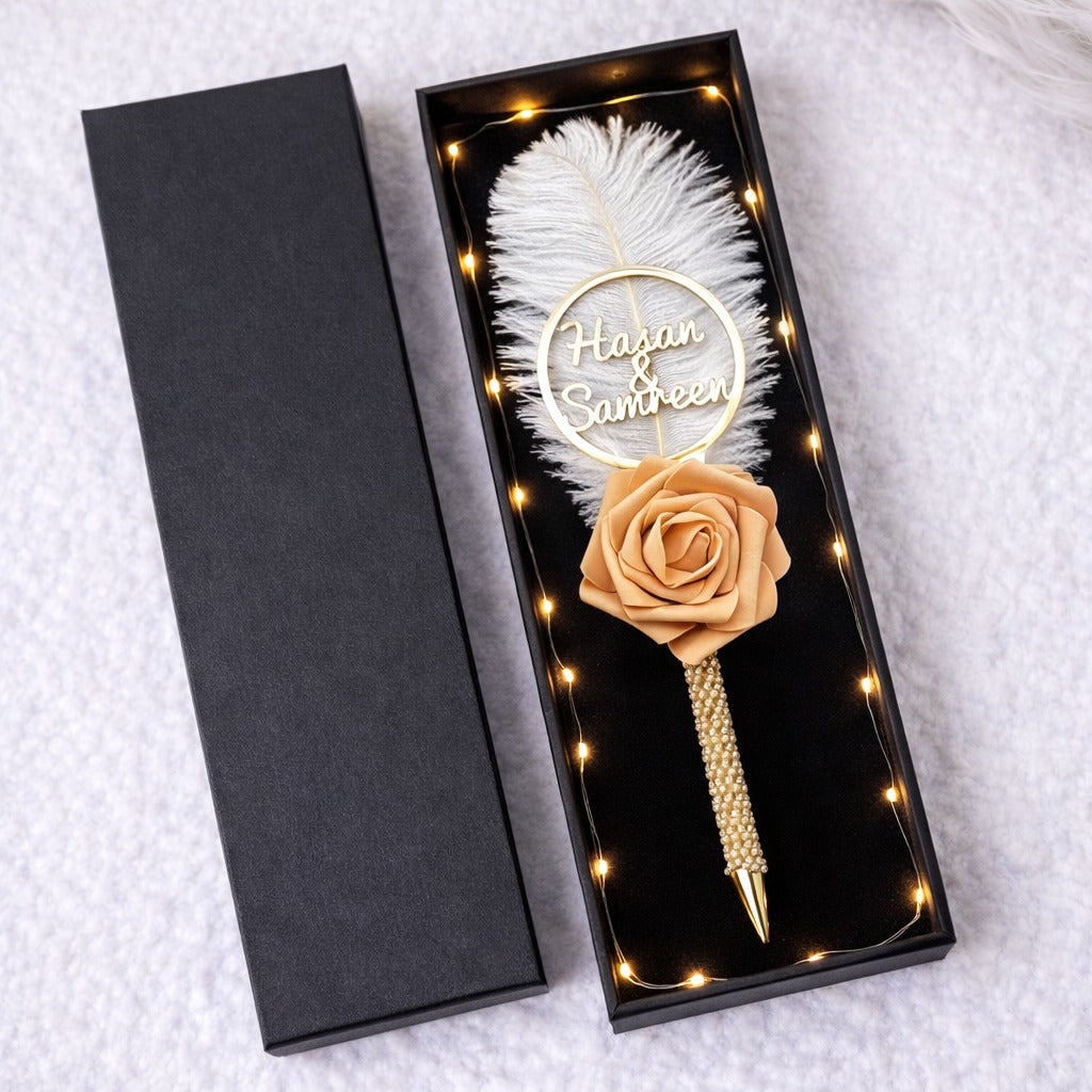 Nikkah signature pen with elegant handcrafted design, luxury Islamic wedding signing pen decorated with pearls, ribbons and personalized details.