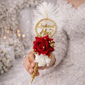Nikkah fancy pen with luxury handcrafted design, elegant Islamic wedding signing pen decorated with pearls, ribbons and premium embellishments.