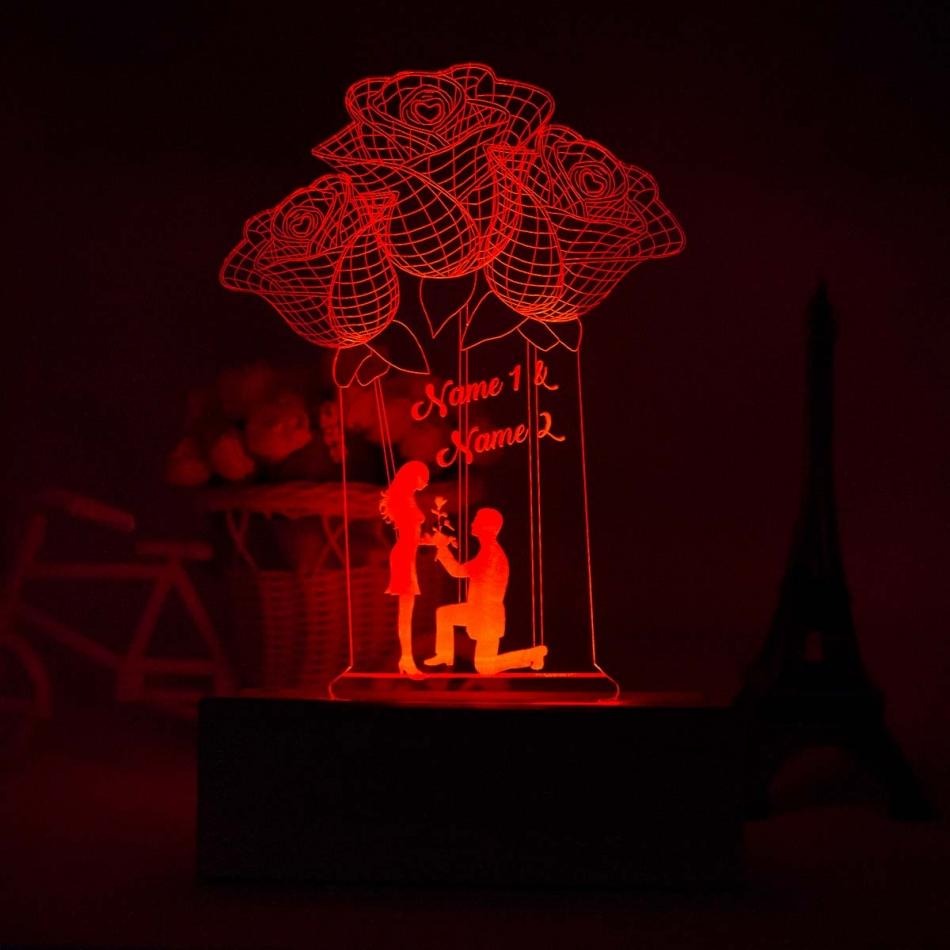 Personalized 3D Flower Illusion LED Lamp with rose motifs and proposal scene, custom for Name 1 and Name 2, romantic gift from Gift Studio Pakistan
