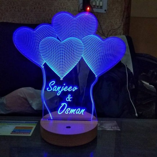  Personalized 3D Illusion Heart Shaped LED Lamp glowing with "Sayjeev & Osman" names