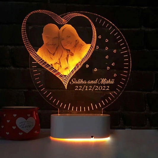 Personalized 3D Illusion LED Lamp glowing with "Saliha & Mishii" photo and heart design