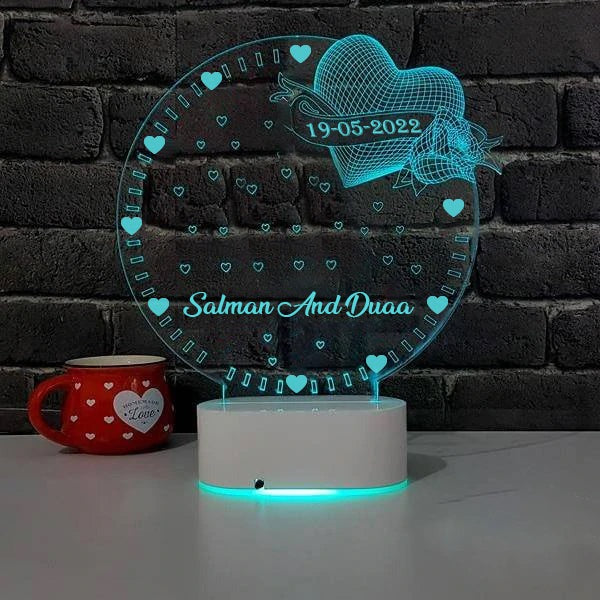  Personalized 3D Illusion Romantic LED Lamp with heart and rose design, custom for Salman and Duaa with date 19-05-2023, romantic gift from Gift Studio Pakistan