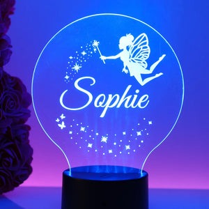 Personalised Kids Fairy Lamp with fairy design and "Sophie" name beside flowers