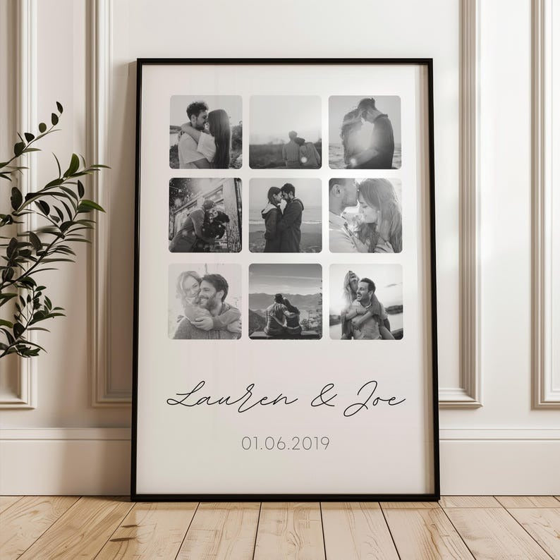 Framed black-and-white custom photo collage print with nine images, names, and a special date, ideal for romantic gifting