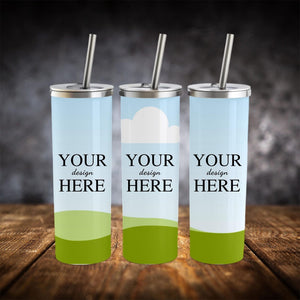 Set of three custom drink tumblers featuring sleek design templates and eco-friendly materials, styled on a rustic table.