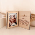 Personalized wooden photo frame featuring a baby’s photo on the left panel and custom engraved text on the right, perfect for Grandparents' Day, mother/father proposals, or as a heartfelt gift for special occasions