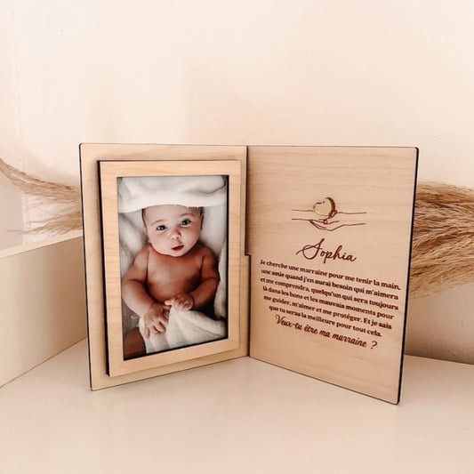 Personalized wooden photo frame featuring a baby’s photo on the left panel and custom engraved text on the right, perfect for Grandparents' Day, mother/father proposals, or as a heartfelt gift for special occasions