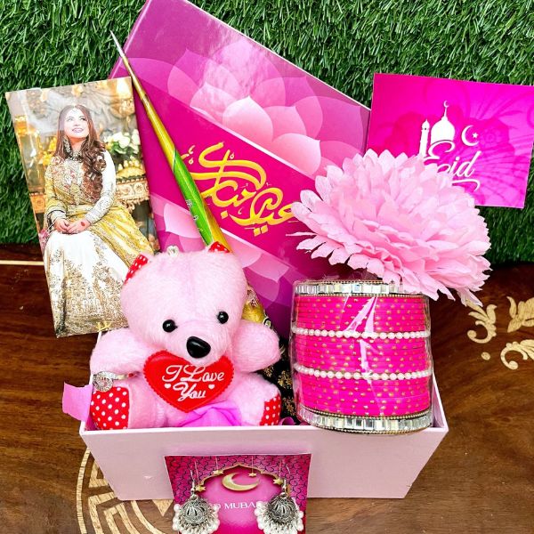 Pink Color Theme Eid Box with choori set, teddy bear, and Eid Mubarak card